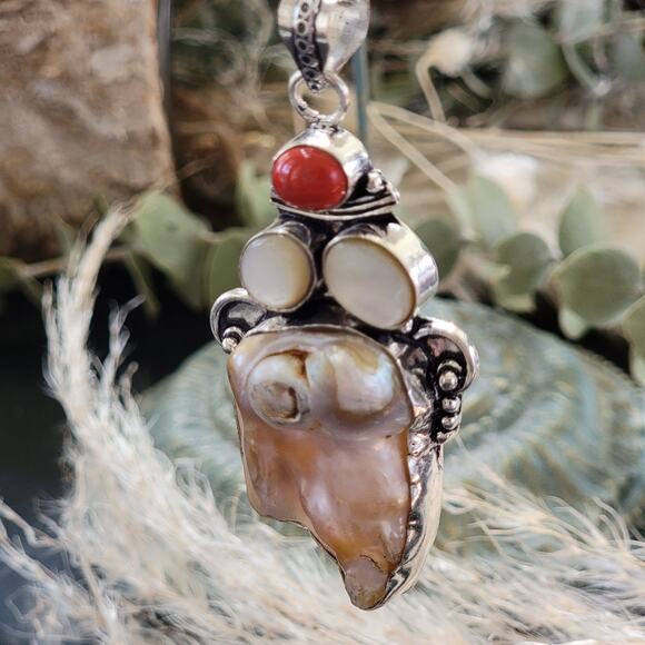 Baroque Pearl & Red Jasper Sterling Silver Pendant Necklace - Timeless Elegance - Picture 2 of 10